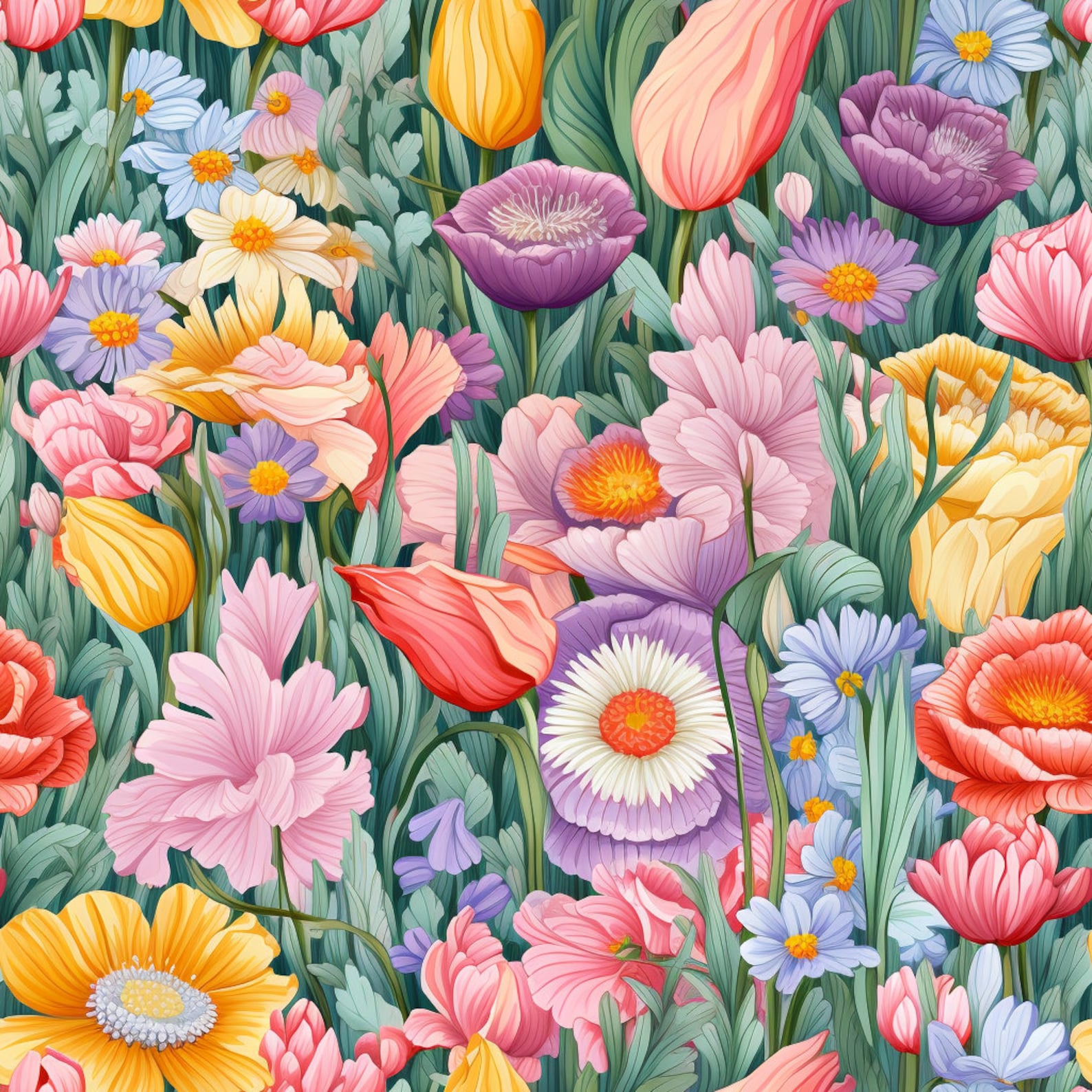 Blooming Flowers Seamless Tile Pattern - Etsy
