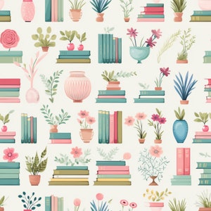 Puede incluir: Un patrón sin costuras que presenta pilas de libros, plantas en macetas y arreglos florales en una variedad de colores, incluyendo rosa, verde, azul y blanco. El patrón se establece sobre un fondo crema claro.