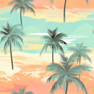 May include: A seamless pattern featuring palm trees with green fronds against a colorful sunset background. The sky is a blend of orange, pink, and blue hues, with soft clouds. The palm trees are silhouetted against the sunset, creating a tropical and relaxing vibe.