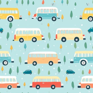 May include: A seamless pattern featuring colorful cartoon buses driving through a snowy winter landscape. The buses are yellow, blue, orange, and red with white roofs. The background is light blue with white snow and green trees.