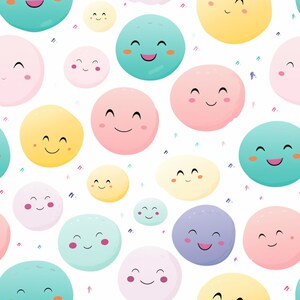 May include: A seamless pattern featuring colorful circles with happy faces. The circles are in various shades of pink, yellow, blue, and purple. The background is white with small confetti-like dots.