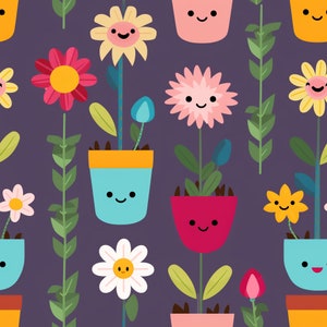 May include: A seamless pattern featuring colorful potted plants with smiling faces. The plants have different types of flowers, including daisies, sunflowers, and pink flowers. The background is a deep purple.