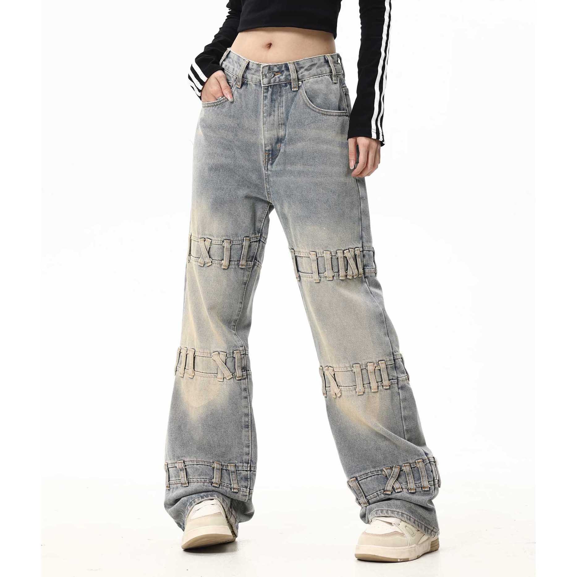 Unisex Denim Y2k Vintage Cross Lace up Baggy Jeans Streetwear ...
