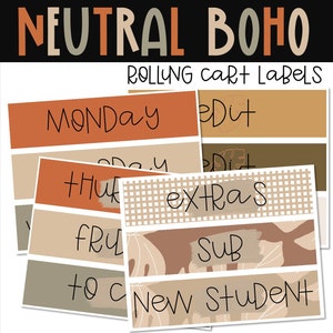 Neutrales Boho-Klassenzimmer-Dekor EDITIERBARE Trolley-Rollwagen-Etiketten