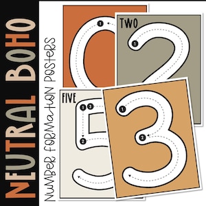 May include: A set of printable number formation posters with a neutral boho color scheme. The posters feature the numbers two, three, and five with arrows indicating the order of strokes to form the numbers.
