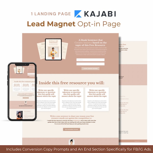 Kajabi Opt-in Landing Page Template - PINK | 1 Kajabi Lead Magnet Funnel Sign-Up Landing Page for Course Creators & Coaches, Podcast Host