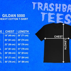 May include: Size chart for Gildan 5000 heavy cotton t-shirts. The chart shows sizes from S to 4XL with corresponding chest and length measurements in inches and centimeters.