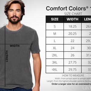 Pode incluir: Tabela de tamanhos para uma camiseta Comfort Colors&reg; 1717. A tabela mostra as medidas de largura e comprimento em polegadas para os tamanhos S a 4XL.