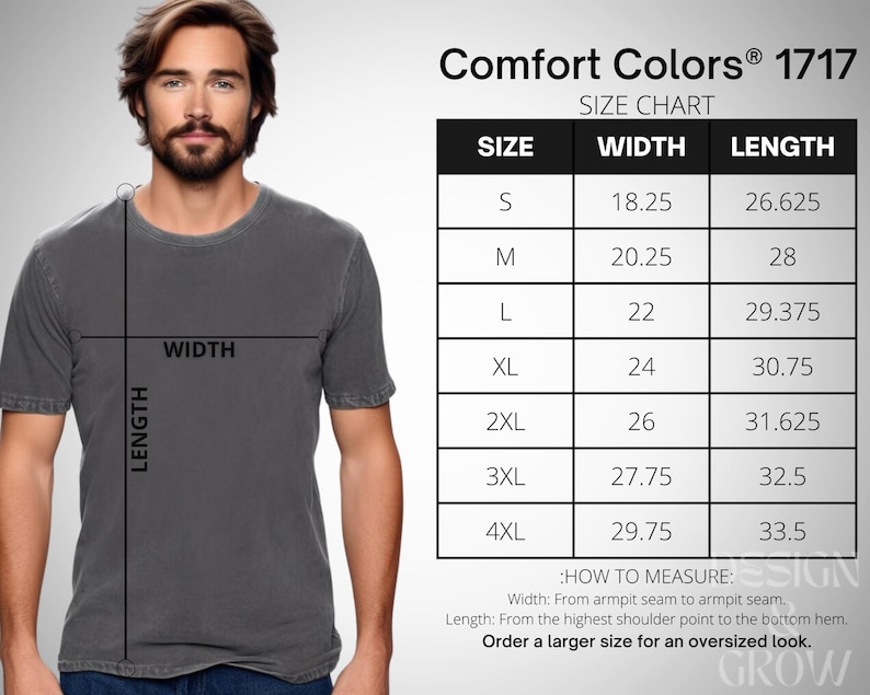 Pode incluir: Tabela de tamanhos para uma camiseta Comfort Colors&reg; 1717. A tabela mostra as medidas de largura e comprimento em polegadas para os tamanhos S a 4XL.