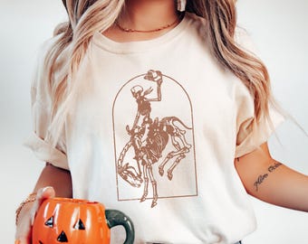 Comfort Colors Halloween Skeleton Shirt, Boho Western Halloween Shirt, Cowgirl T Shirt, Horse Girl Shirt, Cowboy Skelton Halloween T Shirt