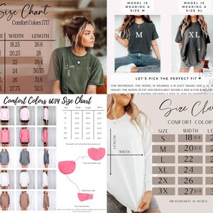 May include: Size chart for Comfort Colors t-shirts in sizes S to 3XL. The chart shows width and length measurements in inches. The model is wearing a size M and a size XL t-shirt.