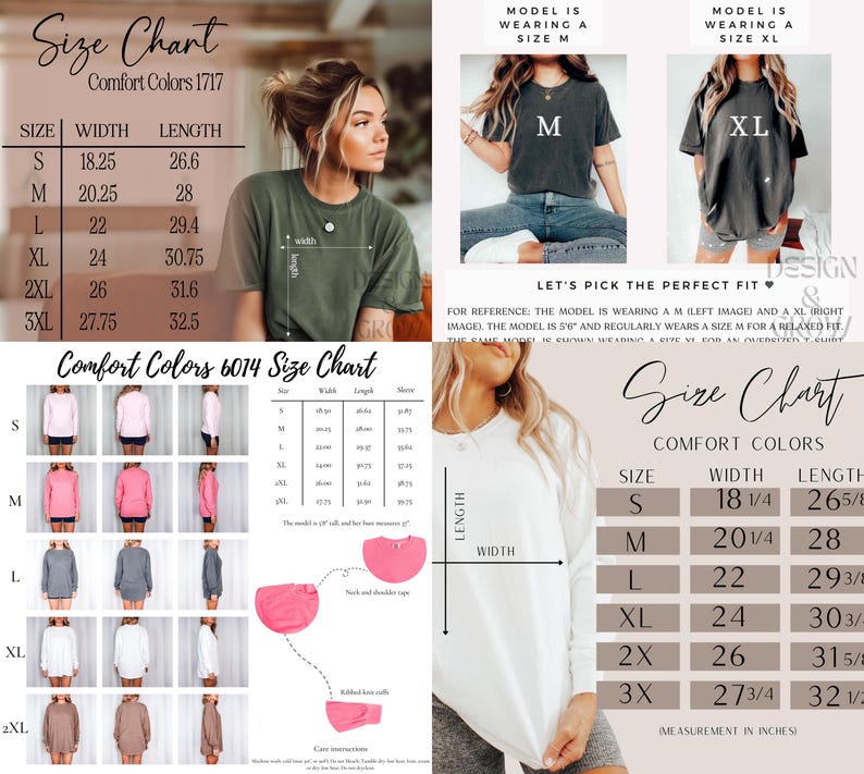 May include: Size chart for Comfort Colors t-shirts in sizes S to 3XL. The chart shows width and length measurements in inches. The model is wearing a size M and a size XL t-shirt.