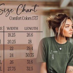 Puede incluir: Tabla de tallas para camisetas en tallas S a 3XL. La tabla muestra las medidas de ancho y largo en pulgadas para cada talla. Comfort Colors 1717.