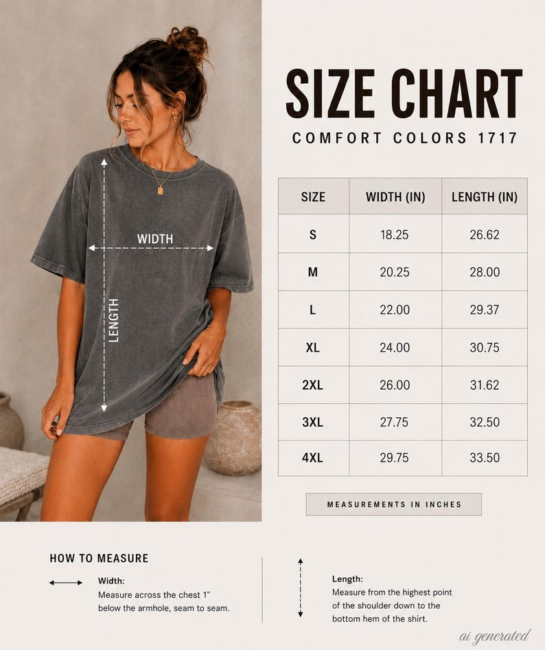 May include: A charcoal grey short-sleeve t-shirt with a size chart labeled Comfort Colors 1717. The chart lists widths and lengths in inches for sizes S through 4XL, with instructions on how to measure the width across the chest and the length.