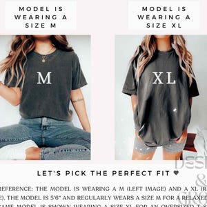 May include: Two models wearing the same t-shirt in different sizes. The model on the left is wearing a size M and the model on the right is wearing a size XL. The text "Let's pick the perfect fit" is displayed below the images.