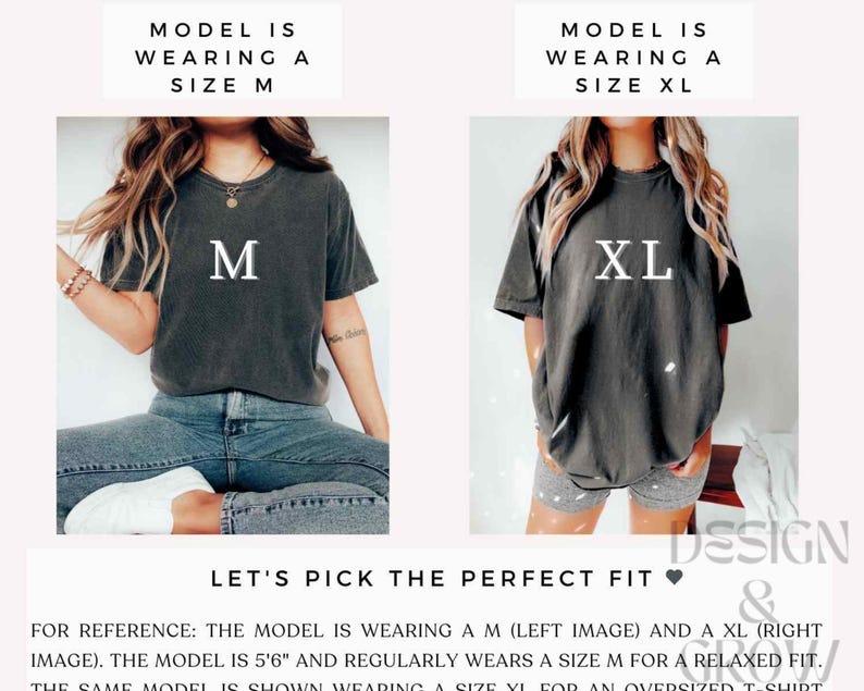 May include: Two models wearing the same t-shirt in different sizes. The model on the left is wearing a size M and the model on the right is wearing a size XL. The text "Let's pick the perfect fit" is displayed below the images.