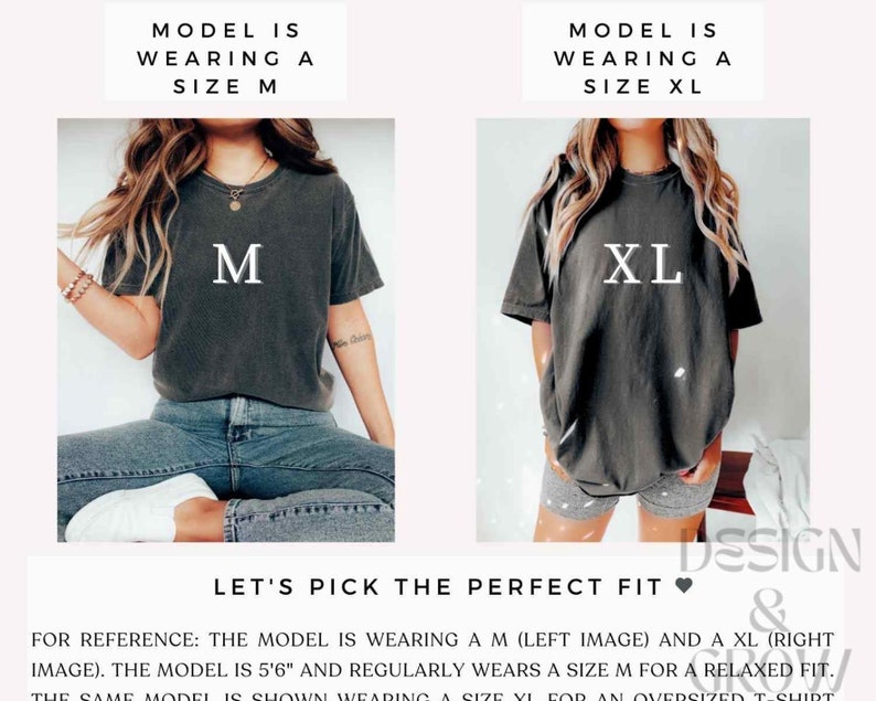 May include: Two models wearing the same t-shirt in different sizes. The model on the left is wearing a size M and the model on the right is wearing a size XL. The text "Let's pick the perfect fit" is displayed below the images.