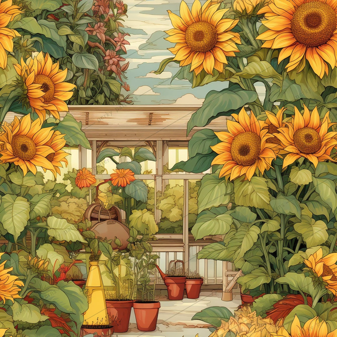 Sunflower Greenhouse Digital Pattern Garden, Flowers, Plants, Summer, Whimsical Etsy