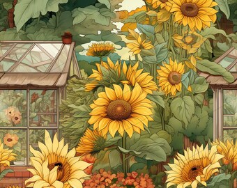 Sunflower Greenhouse Digital Pattern - Garden, Flowers, Plants, Summer, Whimsical