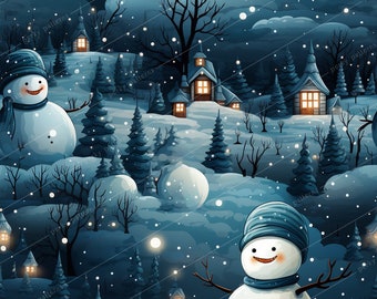 Winter Snowman Digital Pattern - Winter, Christmas, Snowman, Snowflakes, Trees, Cabins, Glow, Whimsical