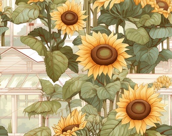 Sunflower Greenhouse Digital Pattern - Garden, Flowers, Plants, Summer, Whimsical