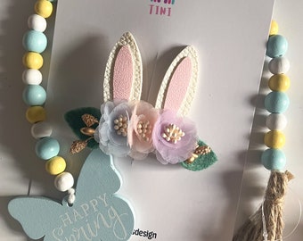 Easter bunny ears - fabric flowers and faux leather ears on an alligator clip. Perfect for easter pictures and hairstyle