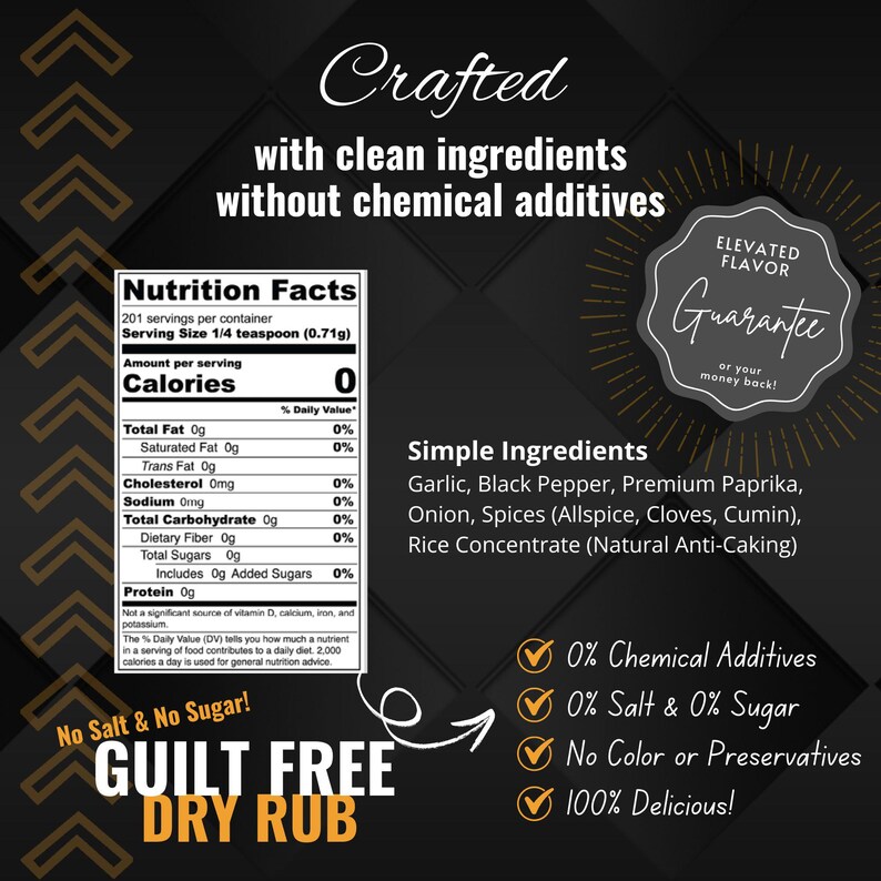 May include: A black and gold graphic promoting a dry rub. The text reads "Crafted with clean ingredients without chemical additives." Nutritional information and a list of simple ingredients are also displayed. The product promises "0% Chemical Additives."