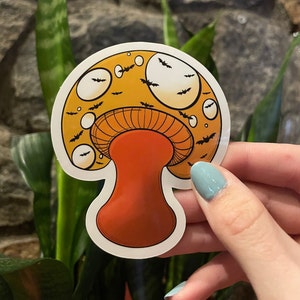 Halloween spooky mushroom vinyl sticker with bats | Hand drawn, cute waterproof sticker for water bottles, laptop, etc.