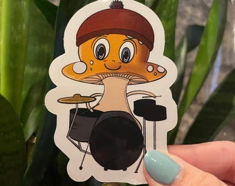 Mushroom vinyl sticker | Cute mushroom playing drums | Hand Drawn Cute waterproof sticker for water bottles, laptop, etc.