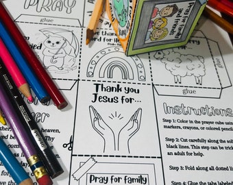 May include: A printable prayer cube craft for kids. The cube has six sides with different prayer topics, including "Pray for the World", "Pray for Family and Friends", "Thank You Jesus For...", and "I am worried about..." The cube is black and white and ready to be colored in.