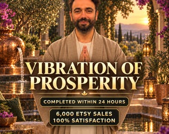 May include: A person with a beard wearing a beige robe with hands pressed together in a prayer position. Text reads: VIBRATION OF PROSPERITY, COMPLETED WITHIN 24 HOURS, 6,000 ETSY SALES, 100% SATISFACTION. The background features a fountain and flowers.