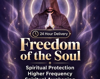 Puede incluir: Una figura encapuchada con túnica marrón y manos juntas en oración sobre un fondo morado oscuro con efectos de luz. El texto dice: 24 Hour Delivery, Freedom of the Soul, Spiritual Protection, Higher Frequency, Spiritual Awakening.