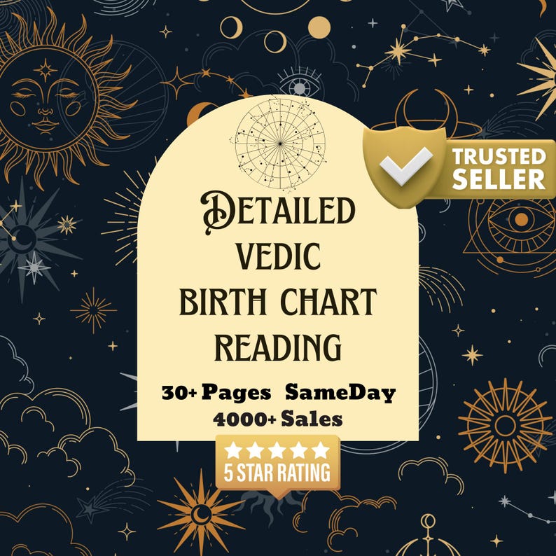 Vedic Birth Chart Reading service, Sidereal Zodiac (Lahiri Ayanamsa), 30+ page detailed PDF report, 24-hour delivery.