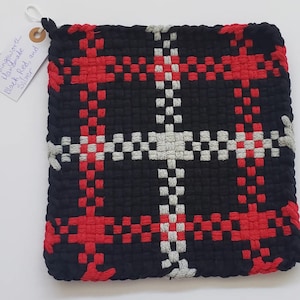 Black, red, and gray plaid potholder