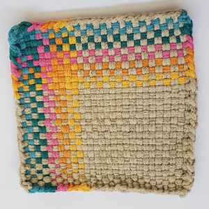 Blue, pink, orange, yellow, and autumn (tan) bold corner potholder
