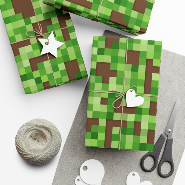 Cubes de terre et d'herbe à motifs de pixels Anniversaire de joueur Papier cadeau Noël