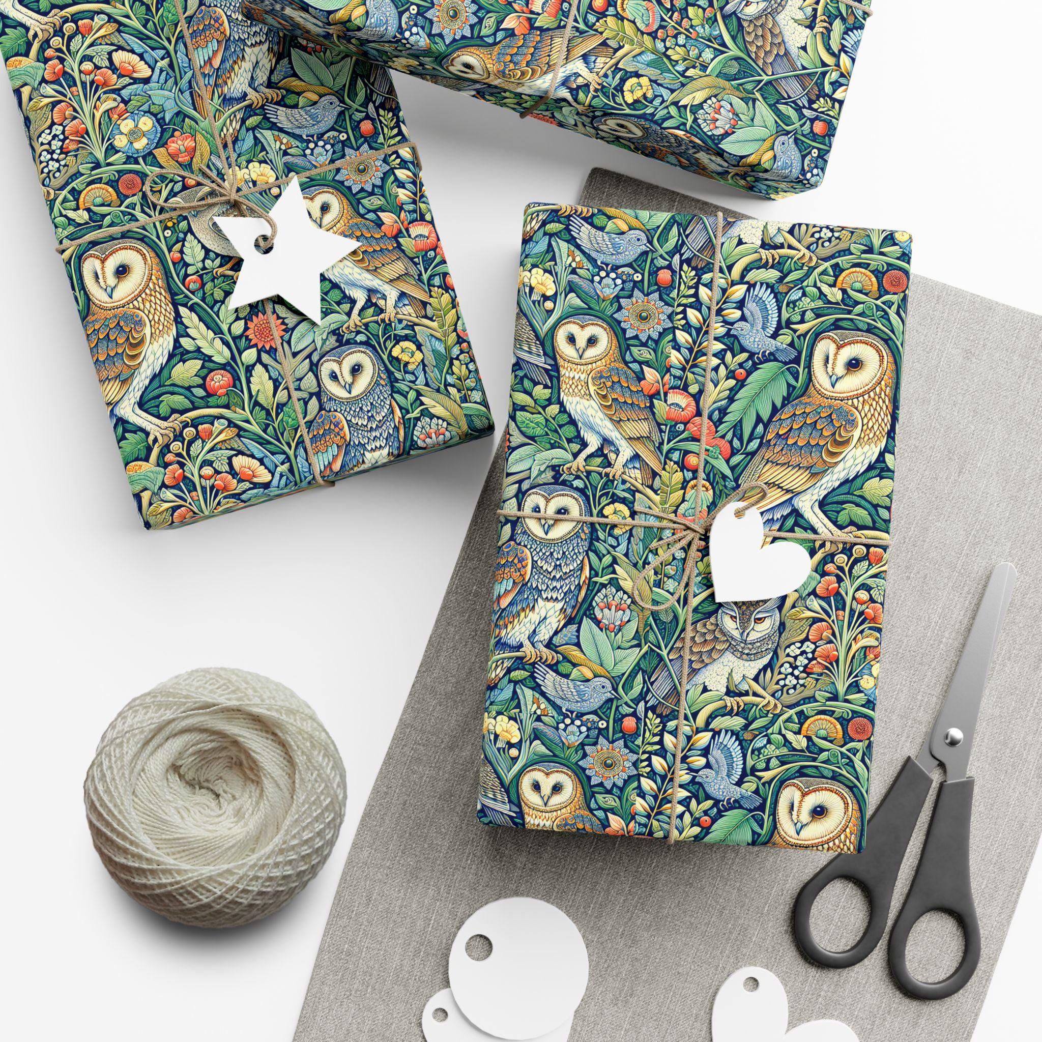 Owls, Great Horned Owl, Barn Owl, Tapestry, Vintage Floral Birthday Christmas Holiday Wrapping Paper