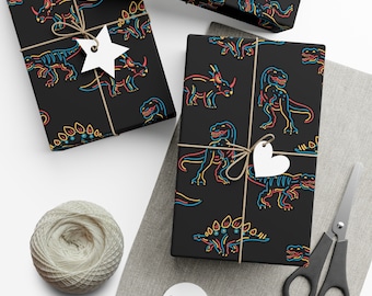 Neon Line Dinosaurs Jurassic Park Birthday Gift Wrapping Paper
