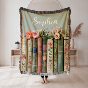 Custom Book Lovers Woven Blanket, Wildflowers Bookish Blanket, Bookshelf Blanket Gift for Bookworm, Gift for Booklover Woven Thow Blanket image 10