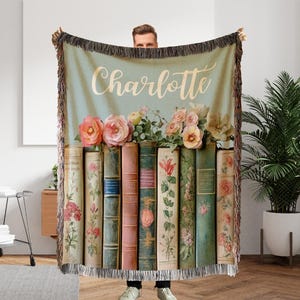Custom Book Lovers Woven Blanket, Wildflowers Bookish Blanket, Bookshelf Blanket Gift for Bookworm, Gift for Booklover Woven Thow Blanket image 3