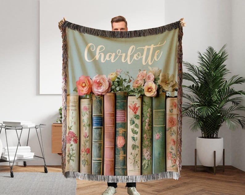 Custom Book Lovers Woven Blanket, Wildflowers Bookish Blanket, Bookshelf Blanket Gift for Bookworm, Gift for Booklover Woven Thow Blanket image 3