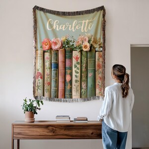 Custom Book Lovers Woven Blanket, Wildflowers Bookish Blanket, Bookshelf Blanket Gift for Bookworm, Gift for Booklover Woven Thow Blanket image 6