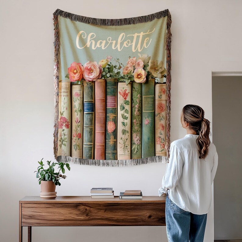 Custom Book Lovers Woven Blanket, Wildflowers Bookish Blanket, Bookshelf Blanket Gift for Bookworm, Gift for Booklover Woven Thow Blanket image 6