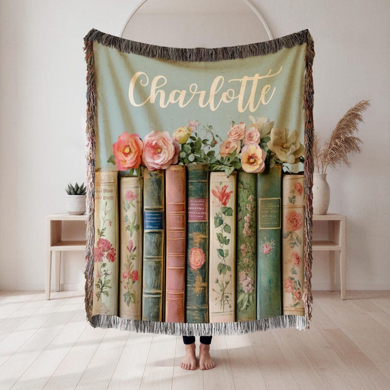 Custom Book Lovers Woven Blanket, Wildflowers Bookish Blanket, Bookshelf Blanket Gift for Bookworm, Gift for Booklover Woven Thow Blanket image 5