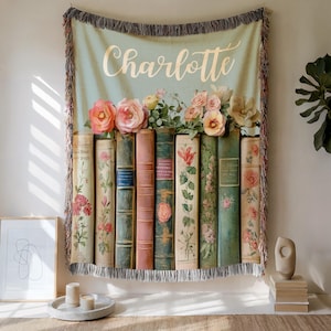 Custom Book Lovers Woven Blanket, Wildflowers Bookish Blanket, Bookshelf Blanket Gift for Bookworm, Gift for Booklover Woven Thow Blanket