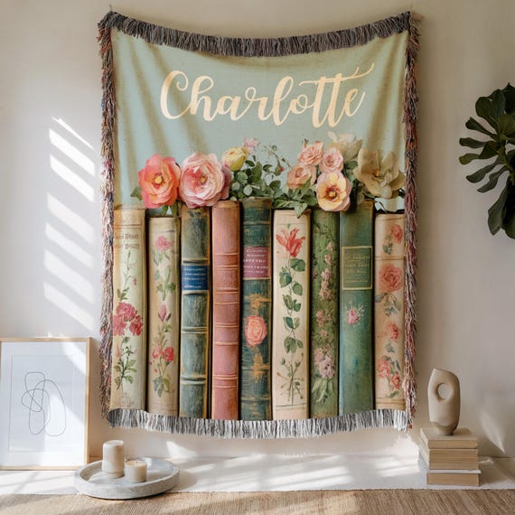 Custom Book Lovers Woven Blanket, Wildflowers Bookish Blanket, Bookshelf Blanket Gift for Bookworm, Gift for Booklover Woven Thow Blanket