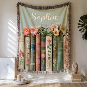 Custom Book Lovers Woven Blanket, Wildflowers Bookish Blanket, Bookshelf Blanket Gift for Bookworm, Gift for Booklover Woven Thow Blanket image 4