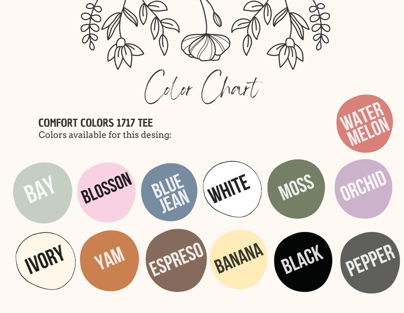 Op de afbeelding: Een kleurenkaart voor Comfort Colors 1717 Tee, met een verscheidenheid aan kleuren. De kaart bevat cirkels met kleuren als Bay, Blossom, Blue Jean, White, Moss, Orchid, Ivory, Yam, Espresso, Banana, Black, Pepper en Watermelon.