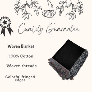 May include: A black woven blanket with colorful fringed edges. The blanket is made of 100% cotton and features woven threads. The image also includes the text "Quality Guarantee" and "Woven Blanket".