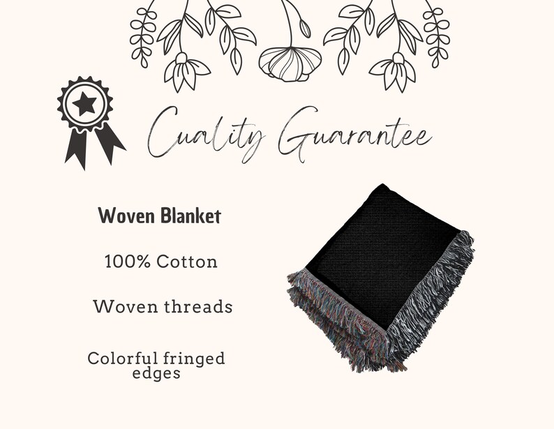May include: A black woven blanket with colorful fringed edges. The blanket is made of 100% cotton and features woven threads. The image also includes the text "Quality Guarantee" and "Woven Blanket".